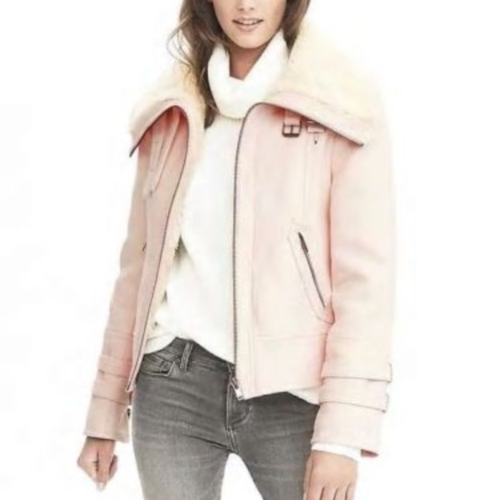 Banana Republic Faux Shearling Pink Moto Bomber Jacket